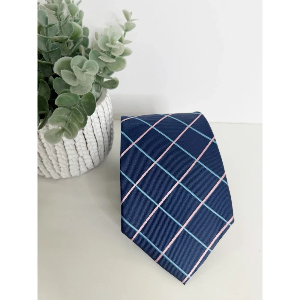 Lands End Men's Silk Necktie Navy Plaid 3 1/2
